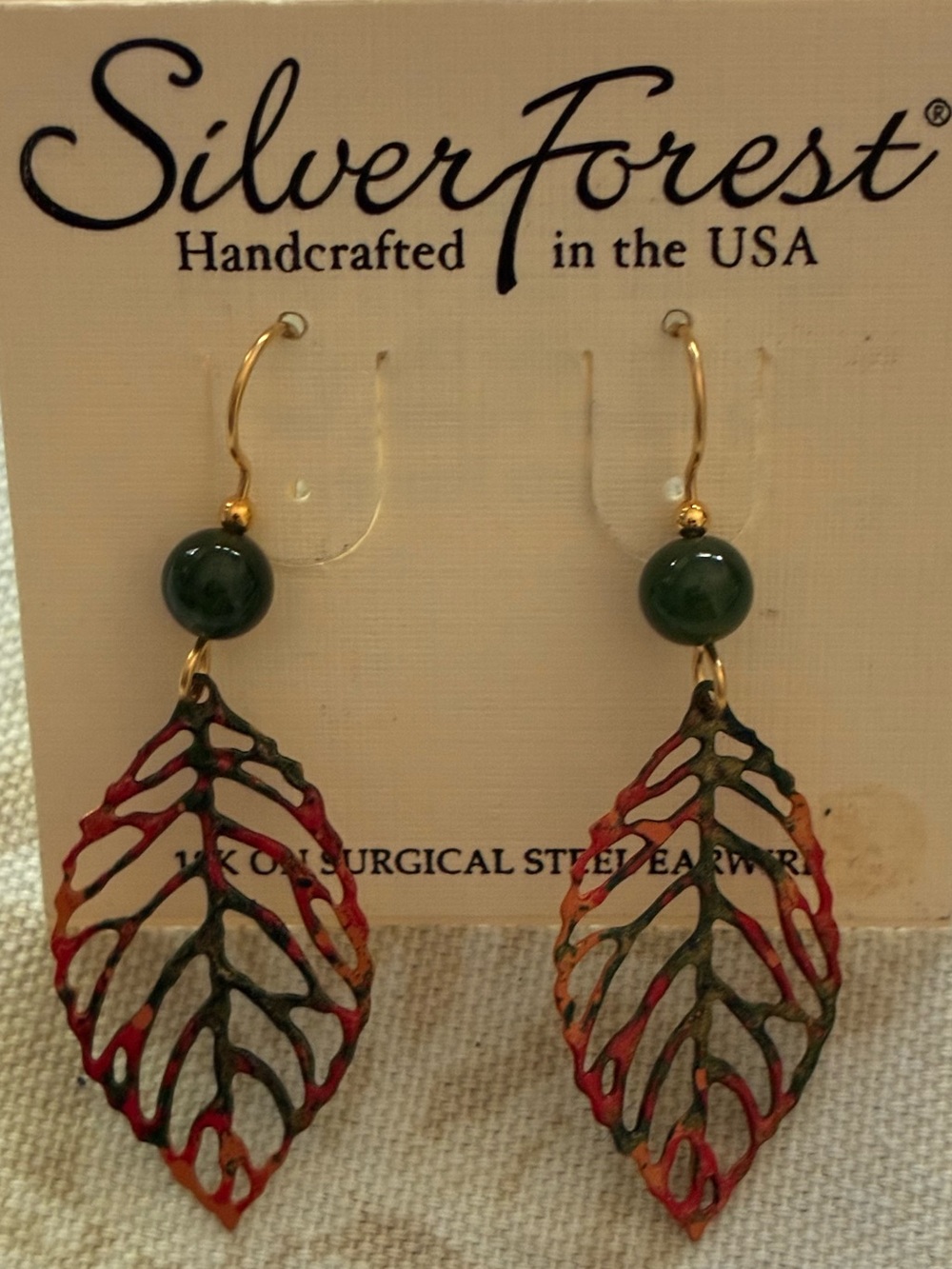 New Silver Forest Autumn Leaves Red Green Earrings Gold Tone 18K Surgical Steel